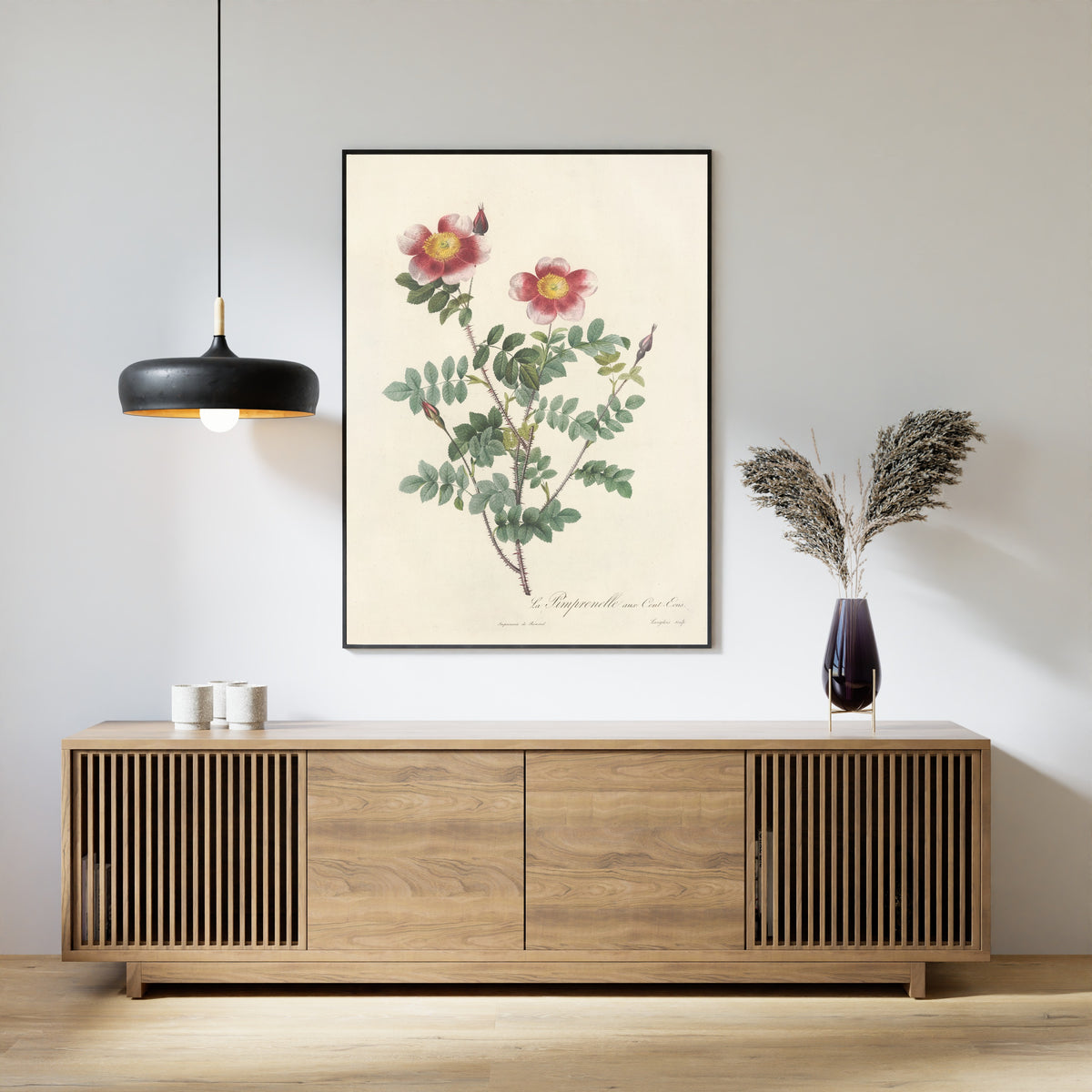 Framed art print of Les Roses: Rosa Pimpinellifolia (La Pimprenelle aux Cent-Écus) by Pierre-Joseph Redouté, above a slatted wood sideboard