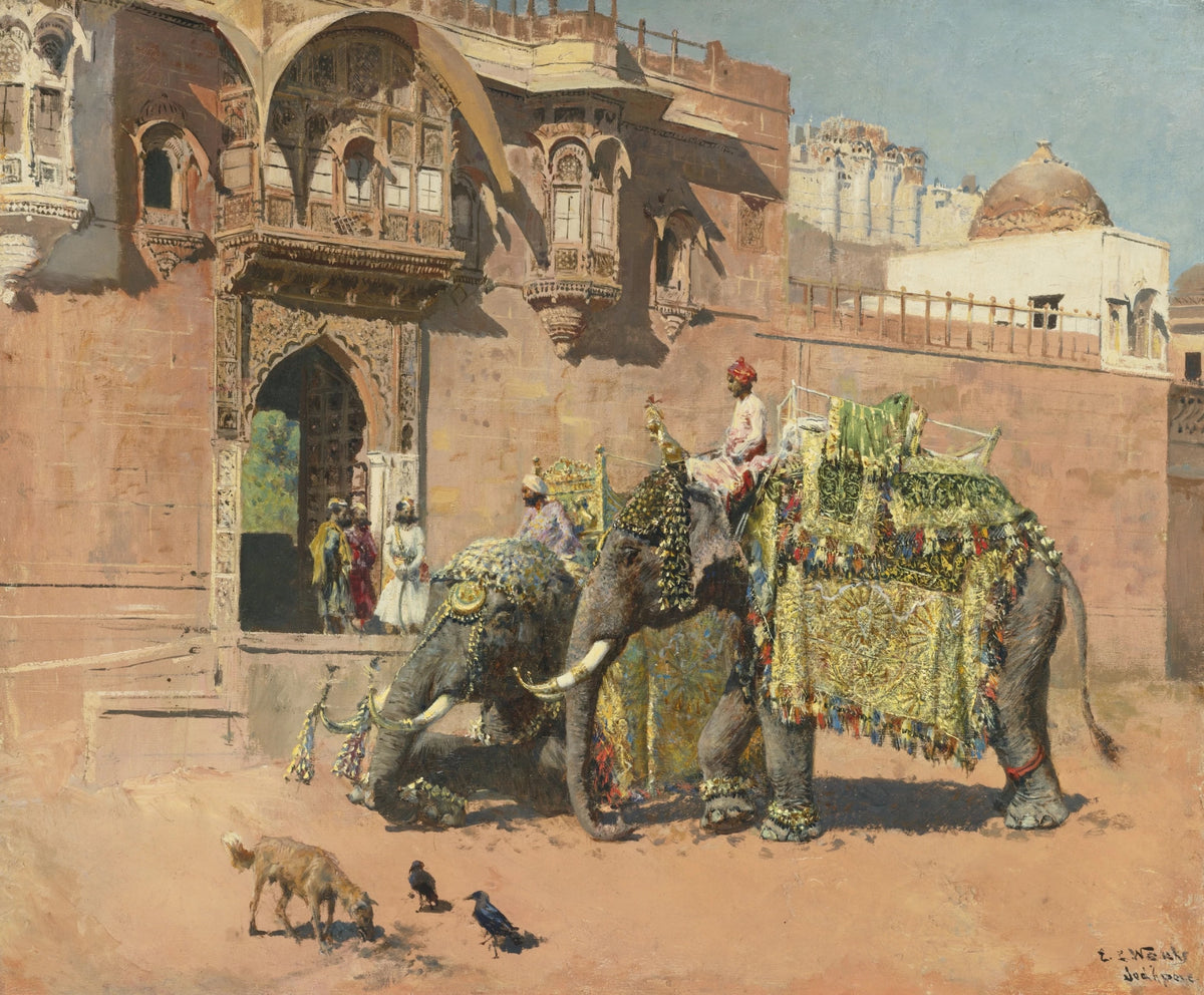 Les éléphants du Rajah de Jodhpore by Edwin Lord Weeks — Two elephants in gold cloths wait outside a palace in Jodhpur