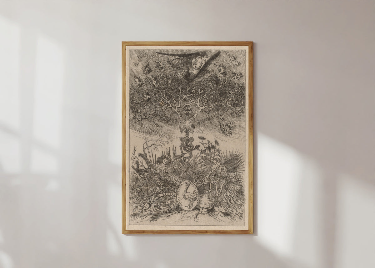 Framed art print of Les Épaves: Frontispiece by Félicien Rops, in a light wood frame on a sunlit white wall
