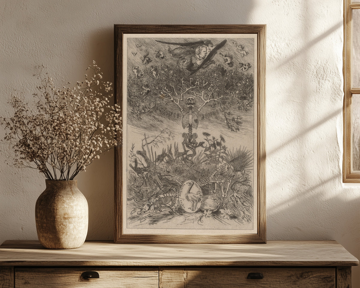 Framed art print of Les Épaves: Frontispiece by Félicien Rops, in a dark wood frame leaning on a rustic console beside dried flowers