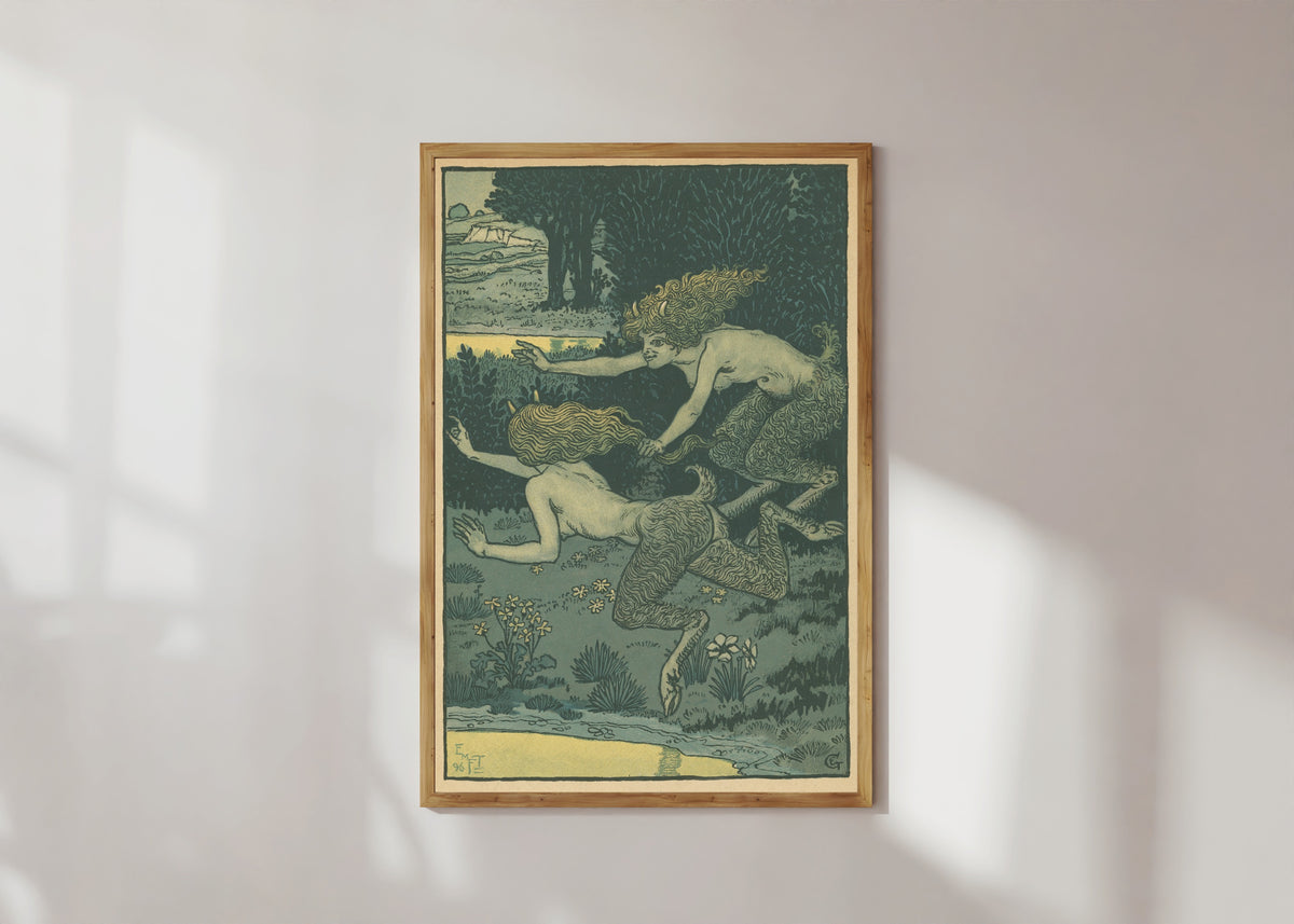Framed art print of Les petites faunesses by Eugène Grasset, in a light wood frame on a sunlit white wall