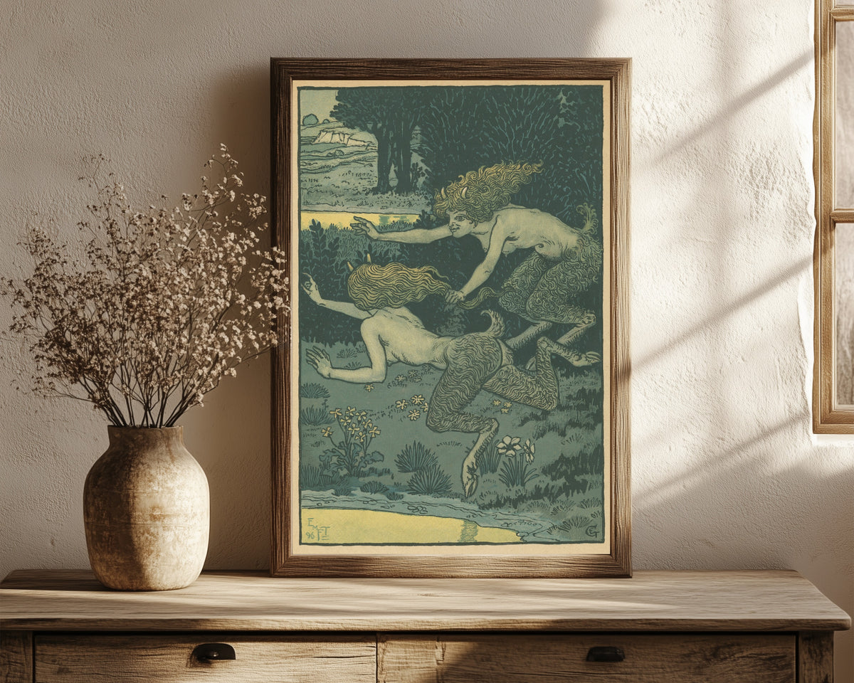 Framed art print of Les petites faunesses by Eugène Grasset, in a dark wood frame leaning on a rustic console beside dried flowers