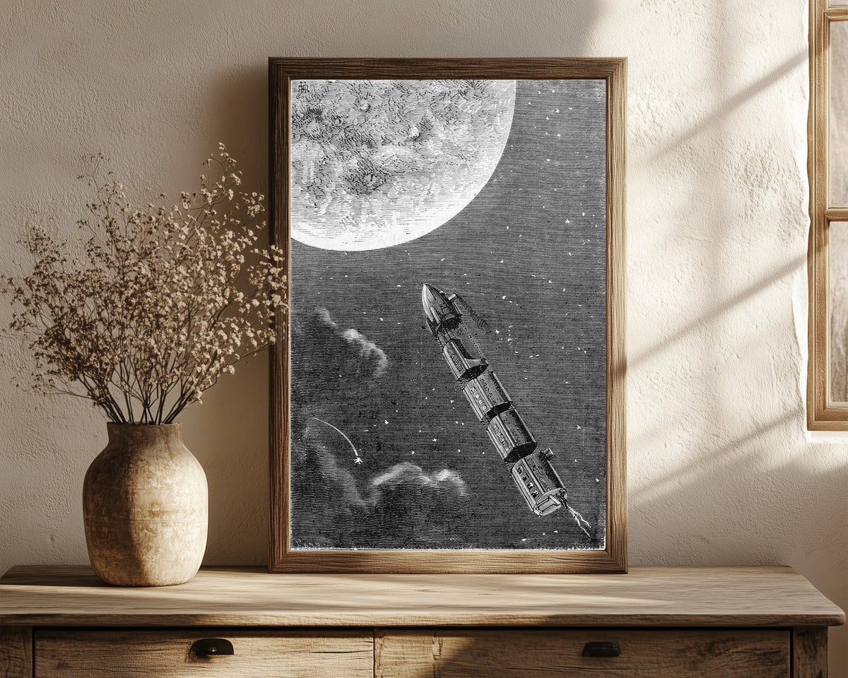 Framed art print of Les trains de projectiles pour la Lune (The… by Henri de Montaut, in a dark wood frame leaning on a rustic console beside dried flowers