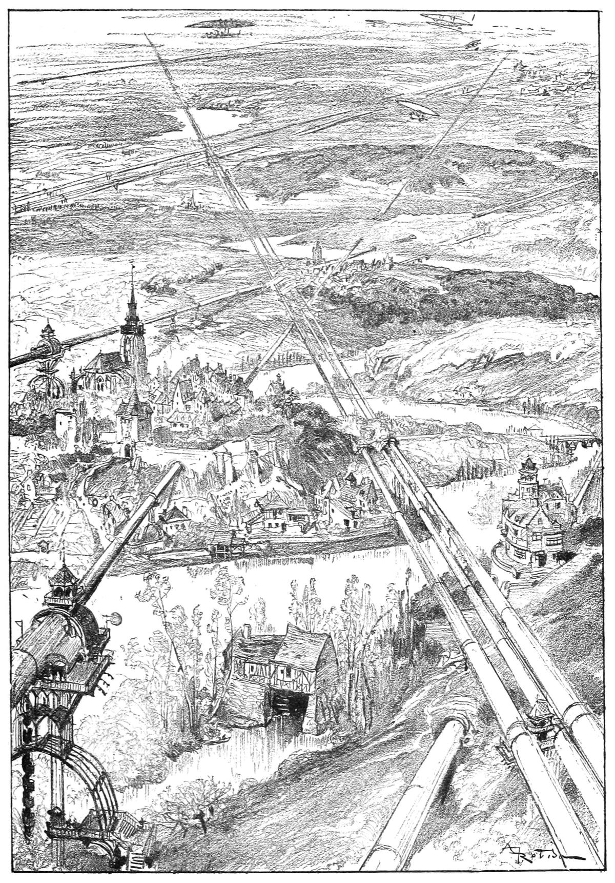 Les tubes (vue prise en aéronef à 700 mètres) by Albert Robida — Giant transport tubes stride on pylons across a river valley