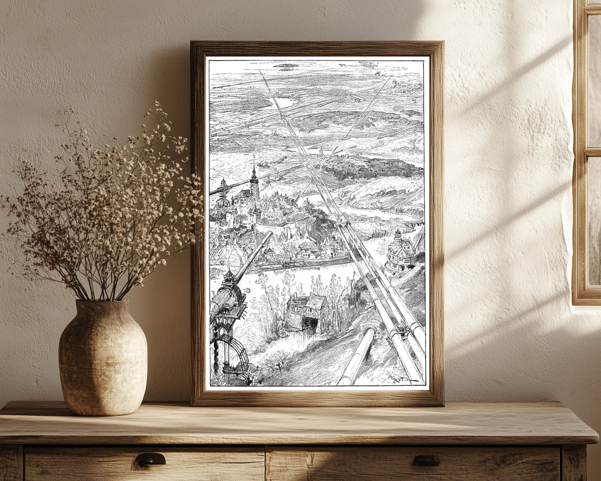 Framed art print of Les tubes (vue prise en aéronef à 700 mètres) by Albert Robida, in a dark wood frame leaning on a rustic console beside dried flowers