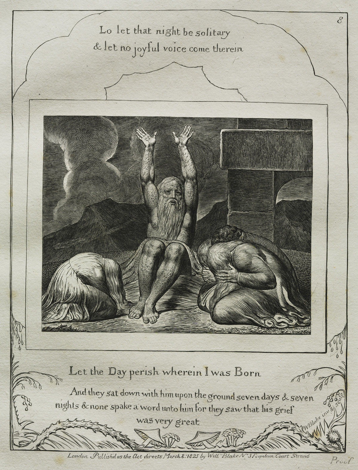Let the Day Perish Wherein I Was Born (Book of Job, Plate 8) by William Blake — Job lifts his arms to curse the day as his friends bow beside him