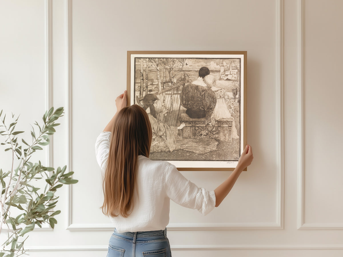 Framed art print of Liebe by Heinrich Vogeler, hung on a panelled wall