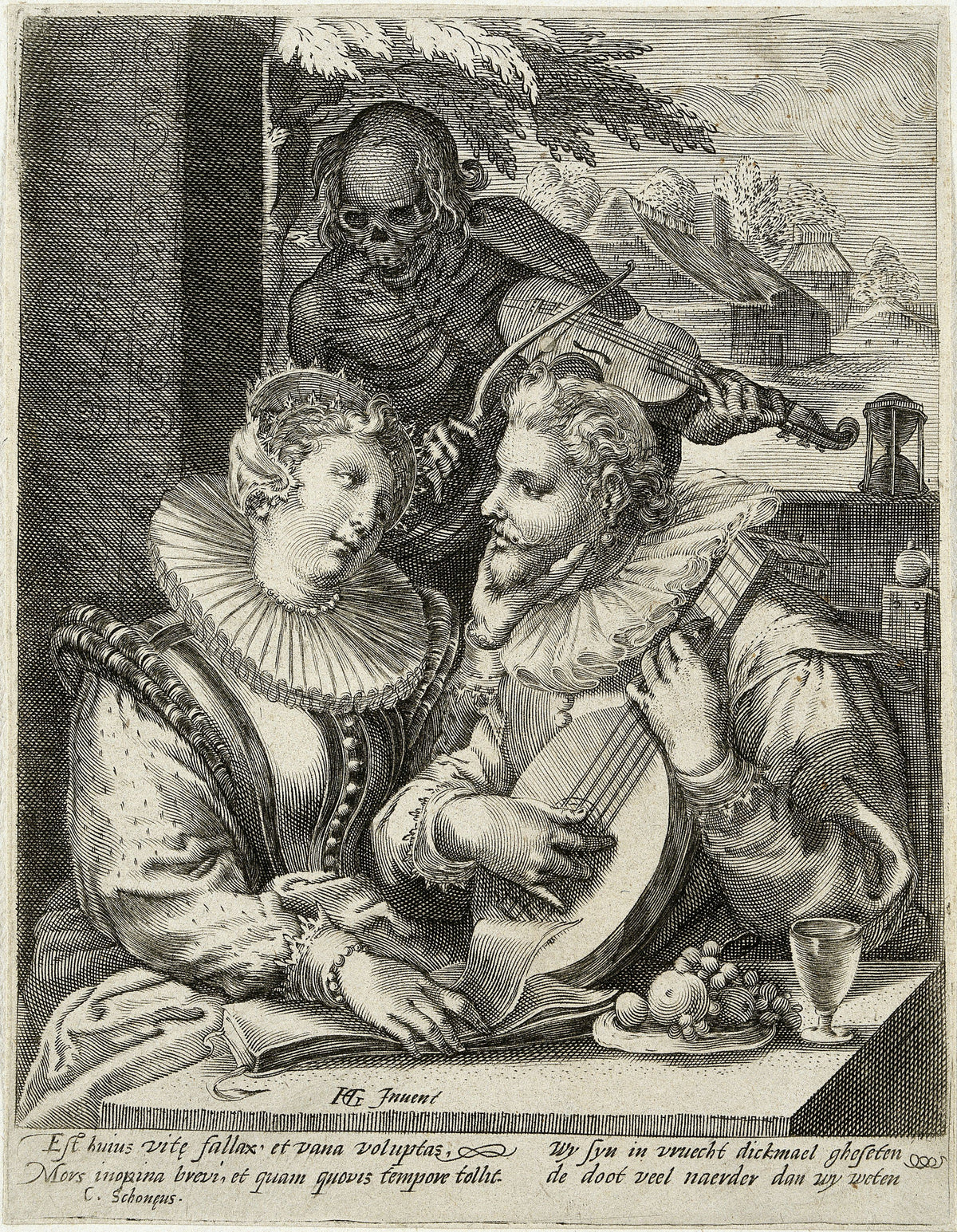 Liefdespaar en de Dood by Unknown artist — Death plays the violin behind two lovers making music at a table