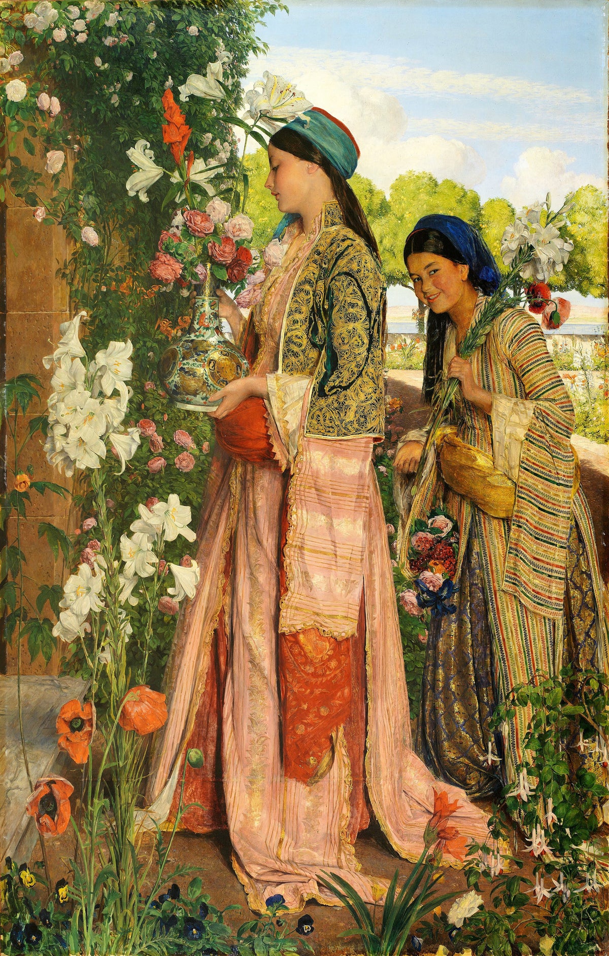 Lilium Auratum by John Frederick Lewis — Two young women gather roses and lilies in a flowering garden