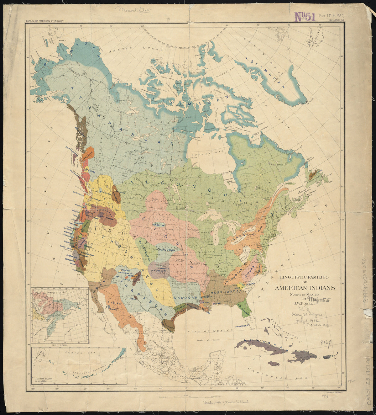 John Wesley Powell — Linguistic Families of American Indians North of Mexico | Vintage Ethnographic Map Print