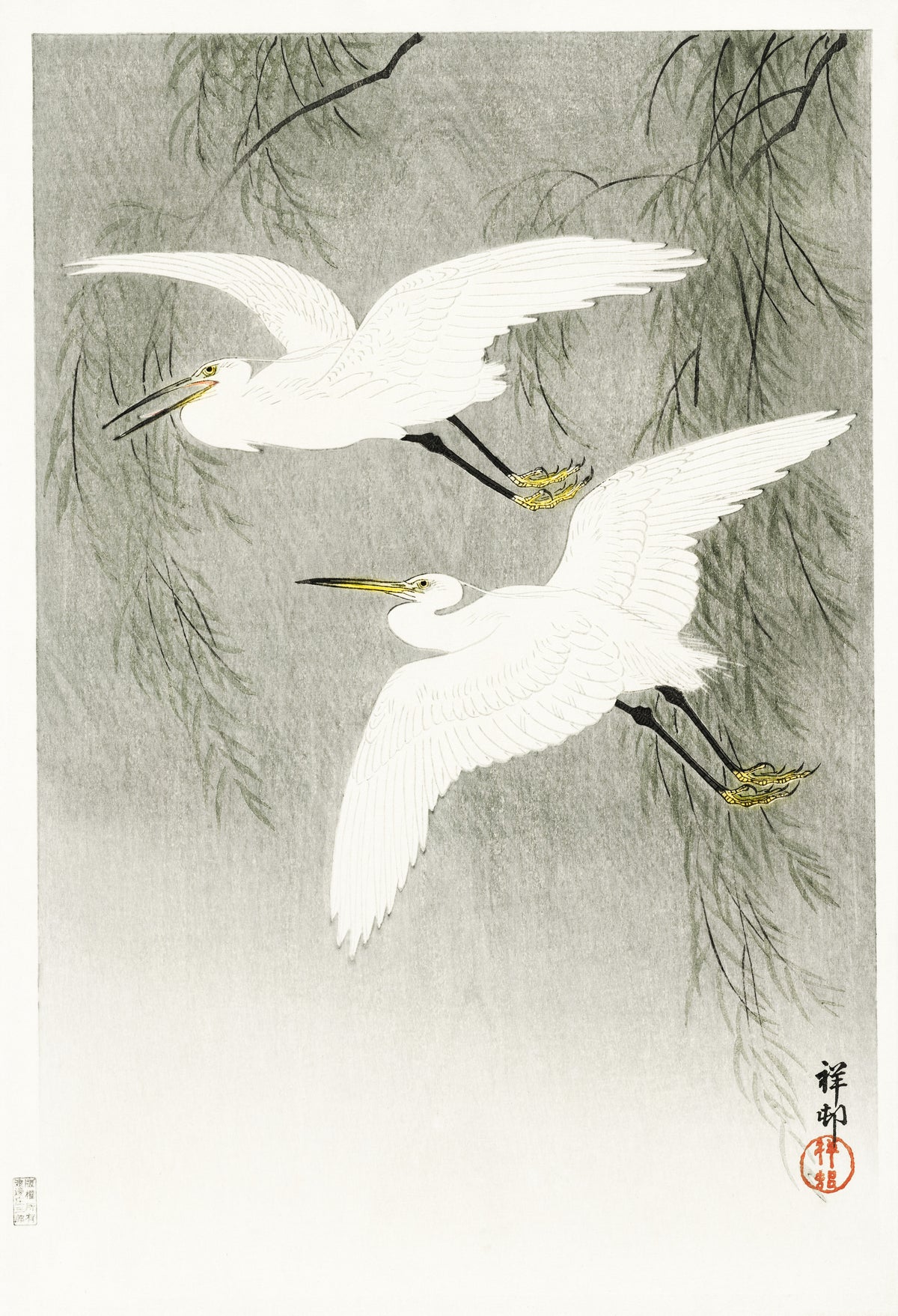 Little Egrets in Flight by Ohara Koson — Two white egrets glide through hanging willow branches