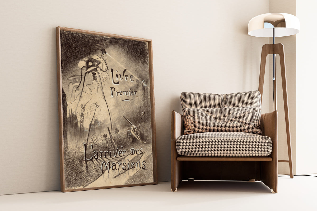 Livre Premier: L'Arrivée des Marsiens by Henrique Alvim Corrêa — framed and leaning against a wall beside an armchair and a floor lamp