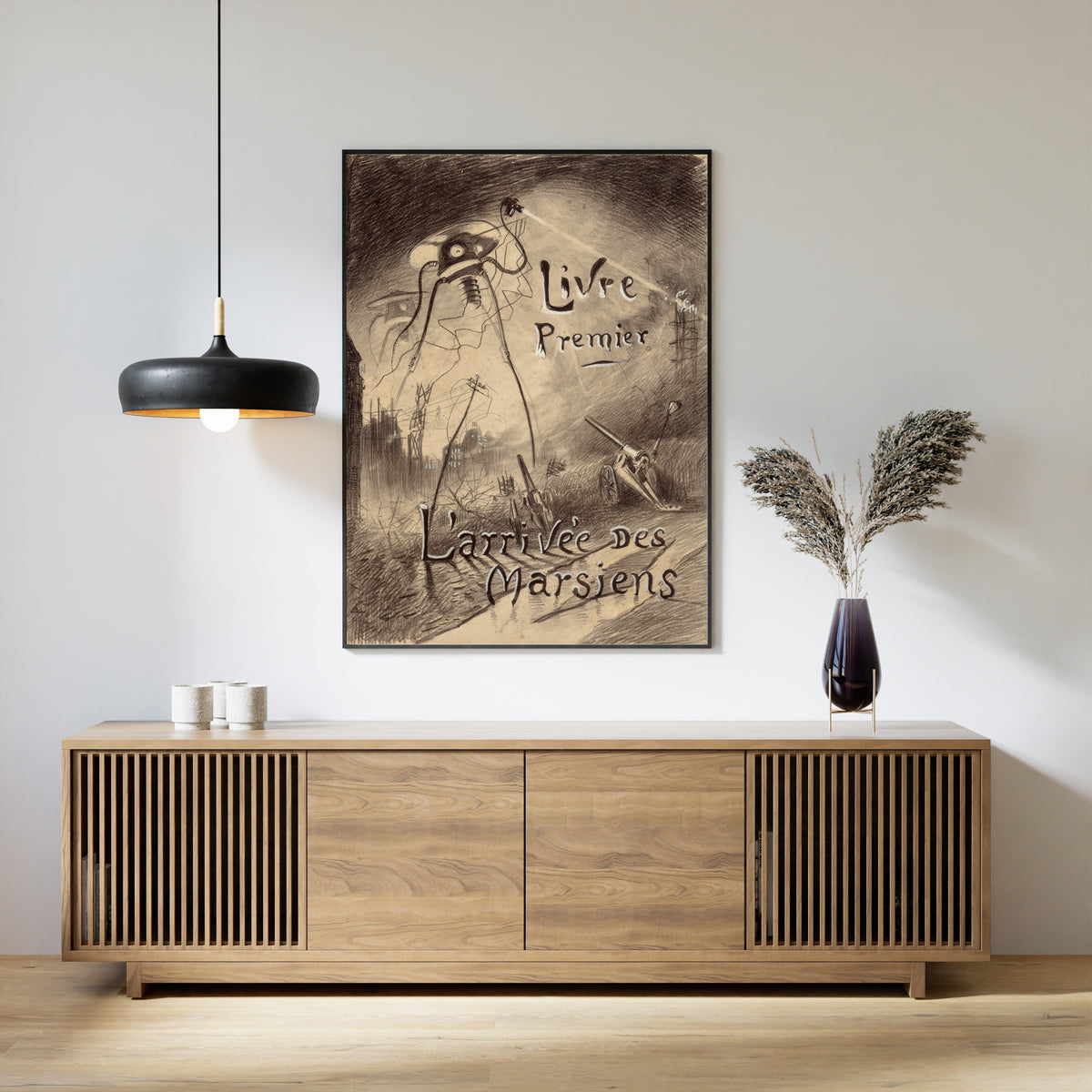 Livre Premier: L'Arrivée des Marsiens by Henrique Alvim Corrêa — framed above a slatted wood sideboard