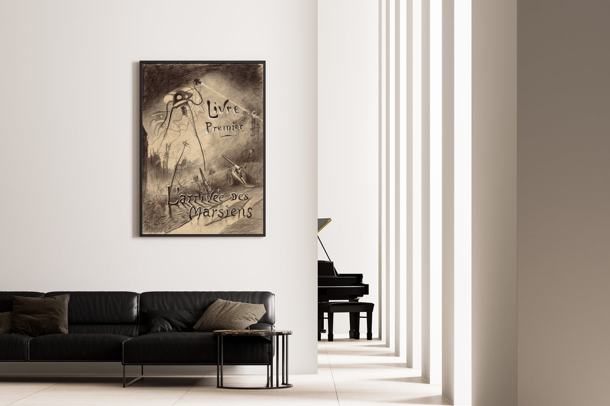 Livre Premier: L'Arrivée des Marsiens by Henrique Alvim Corrêa — framed on the wall of a minimal living room
