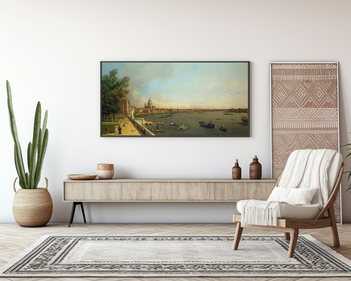 Framed art print of London – The Thames from Somerset House Terrace towards the City by Canaletto, above a sideboard in a living room