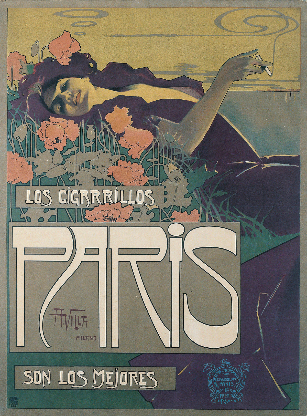 Los Cigarrillos Paris by Aleardo Villa — A woman reclines among poppies, a cigarette trailing smoke