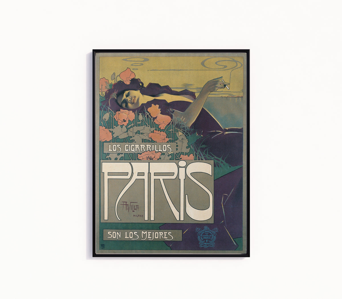 Framed art print of Los Cigarrillos Paris by Aleardo Villa, in a slim black frame on a plain white wall