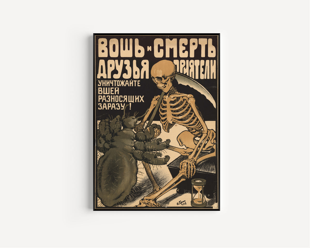 Framed art print of Louse and Death Are Friends. Destroy the Lice That Spread Infection! by Oskar Grun, in a slim black frame on a plain white wall