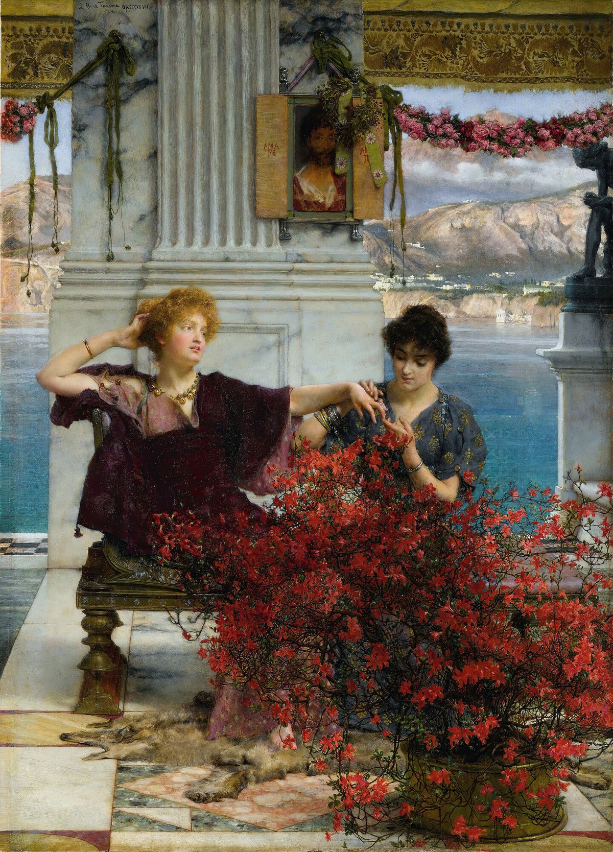 Love's Jewelled Fetter (The Betrothal Ring) by Lawrence Alma-Tadema — A companion looks at a betrothal ring behind a blaze of red azaleas