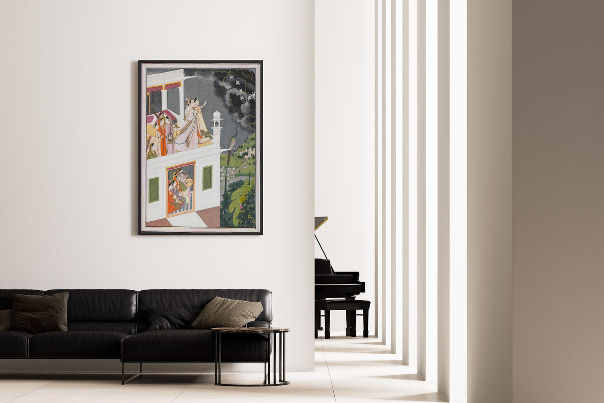 Framed art print of Lovers Watching an Approaching Thunderstorm by Kangra school, on the wall of a minimal living room