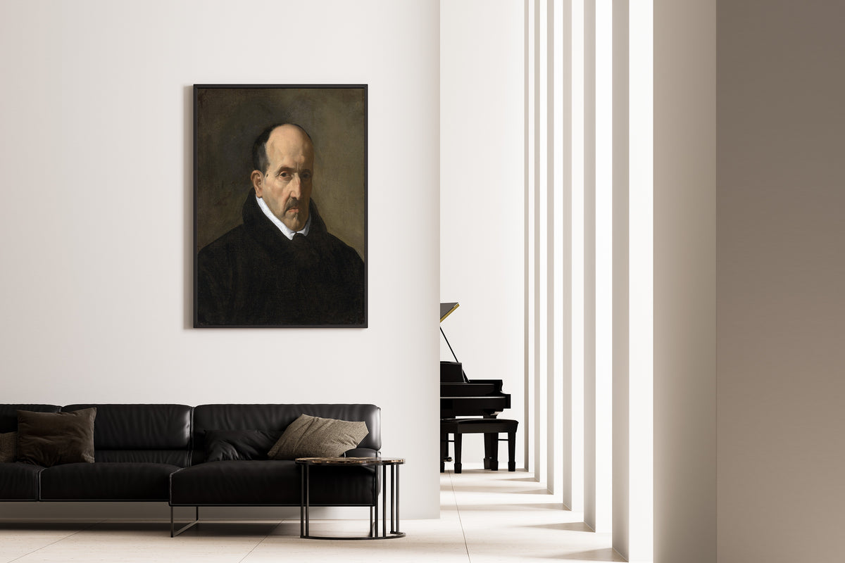 Framed art print of Luis de Góngora y Argote by Diego Velázquez, on the wall of a minimal living room