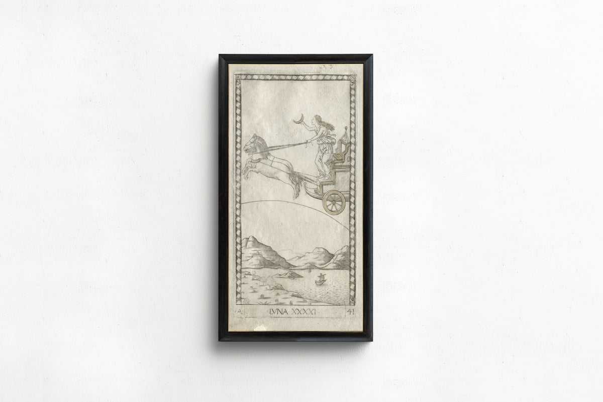Framed art print of Luna (from the Tarocchi, Series A: Firmaments of the… by Master of the E-Series Tarocchi, in a slim black frame on a plain white wall