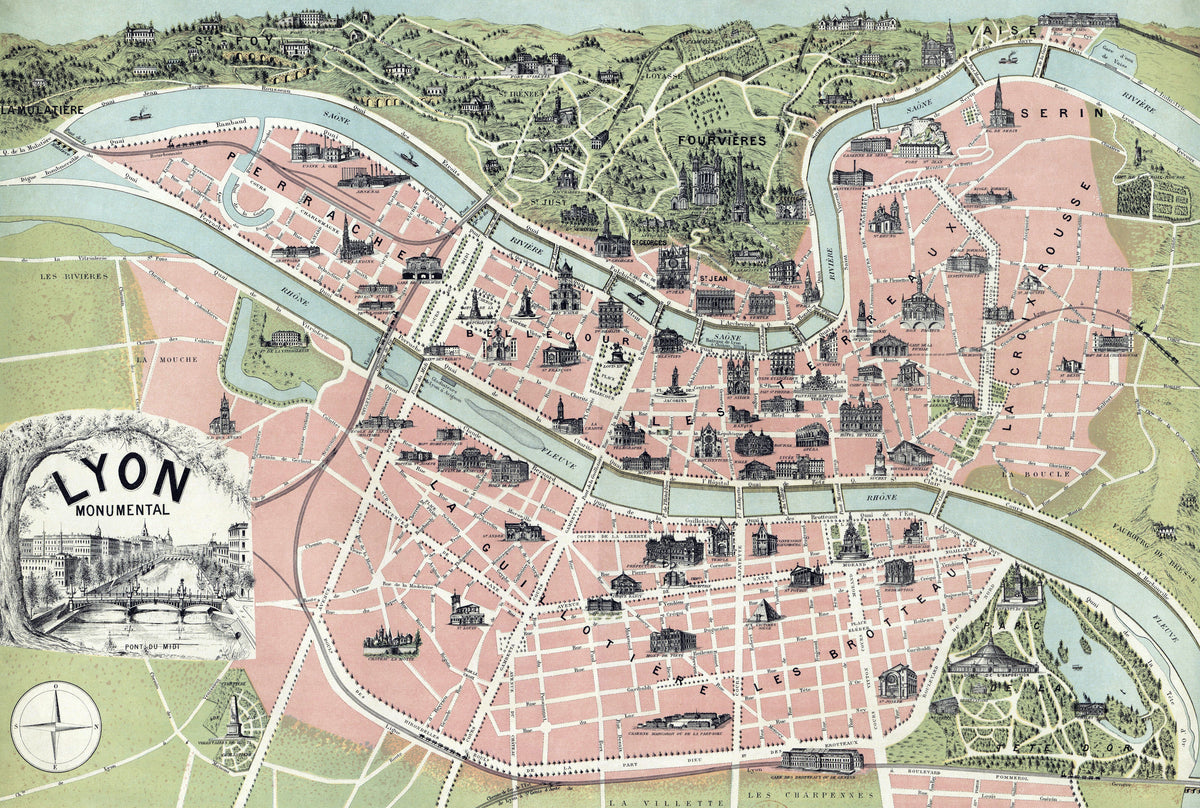Garnier Frères — Lyon Monumental | Antique Pictorial City Plan Print