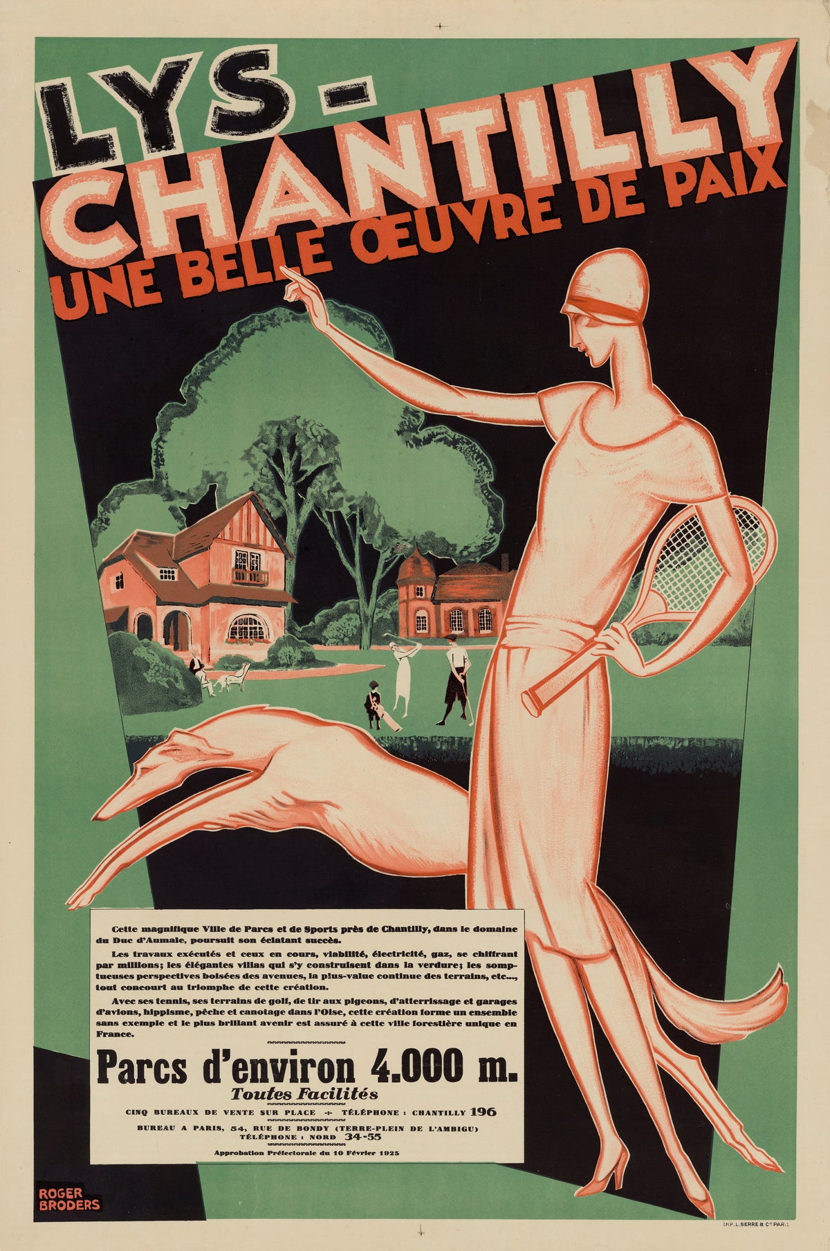 Lys-Chantilly: une belle œuvre de paix by Roger Broders — A slender woman with a racket and a leaping hound before a villa