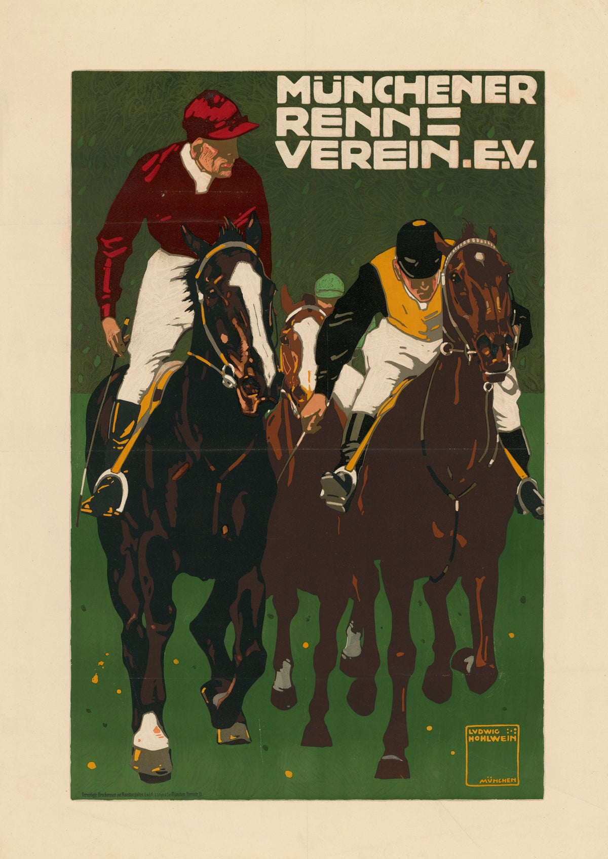 Münchener Rennverein e.V. by Ludwig Hohlwein — Three racing jockeys ride out of a green field in red and yellow silks