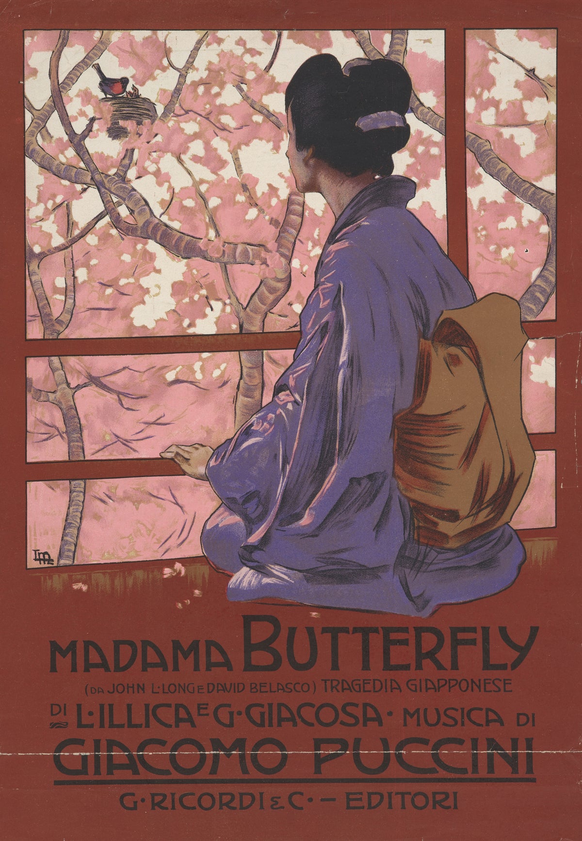 Madama Butterfly: Tragedia giapponese by Leopoldo Metlicovitz — A woman in a lilac kimono gazes at blossom and a nesting bird