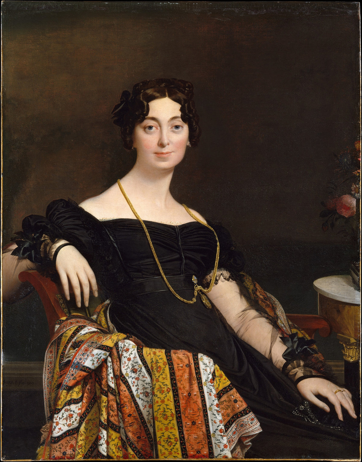 Madame Jacques-Louis Leblanc (Françoise Poncelle, 1788-1839) by Jean-Auguste-Dominique Ingres — A woman in black velvet with a gold chain and a striped shawl