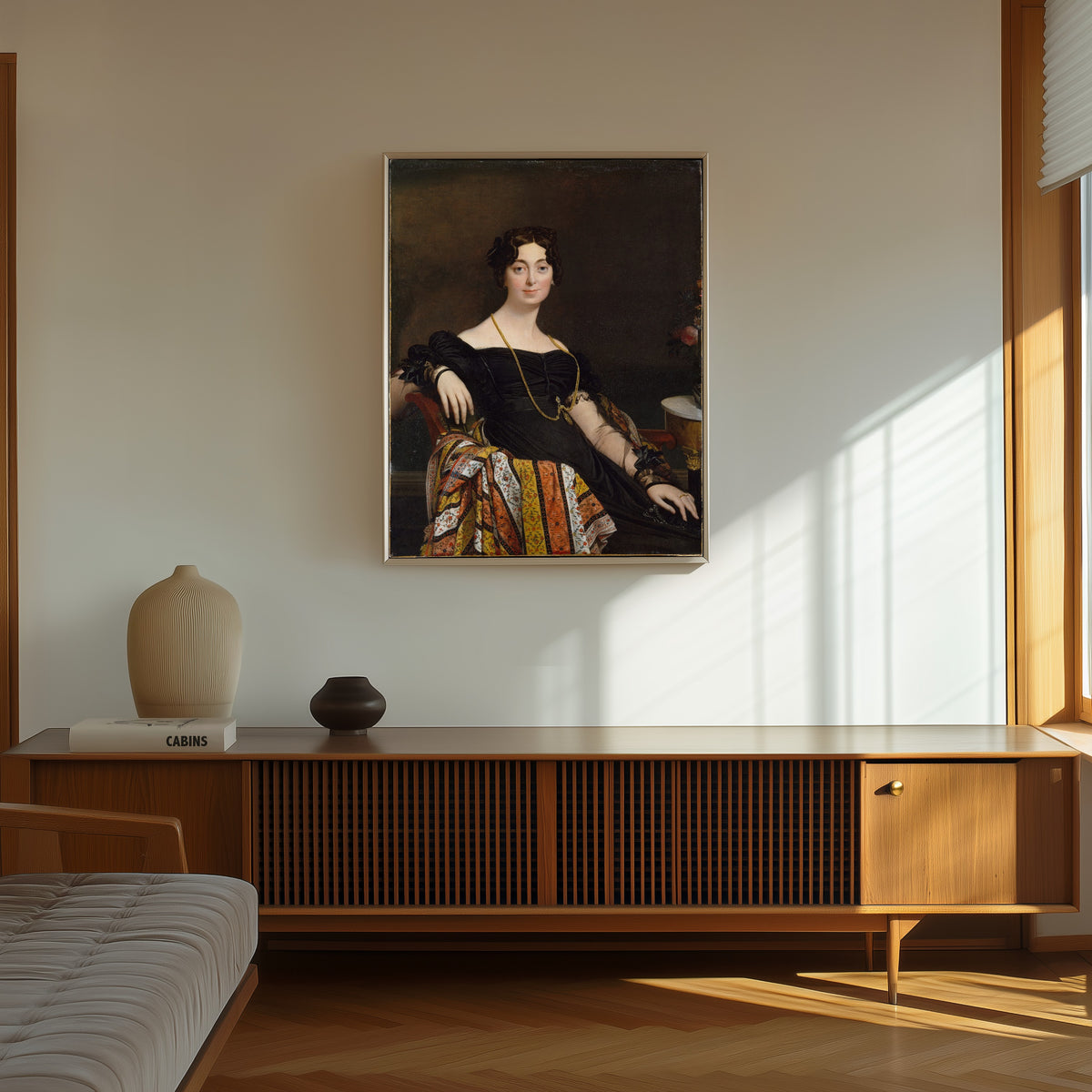 Framed art print of Madame Jacques-Louis Leblanc (Françoise… by Jean-Auguste-Dominique Ingres, in a thin light frame on a sunlit wall above a wooden sideboard