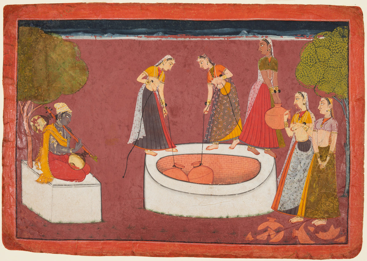 Madhava plays his vina before five women drawing water from a well by Pahari school — A musician charms five women gathered around a well