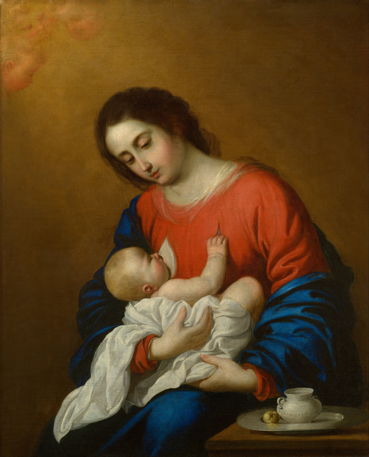 Madonna and Child by Francisco de Zurbarán — A mother in red and blue holding her nursing child