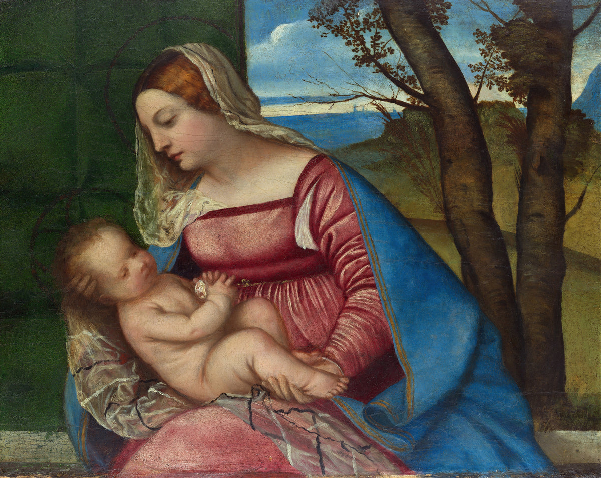 Madonna and Child by Titian — The Virgin in red and blue bends over her Child by a green curtain