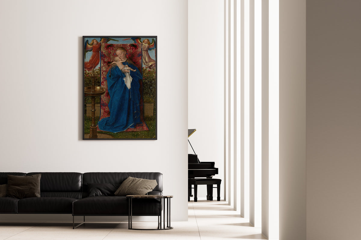 Framed art print of Madonna at the Fountain by Jan van Eyck, on the wall of a minimal living room