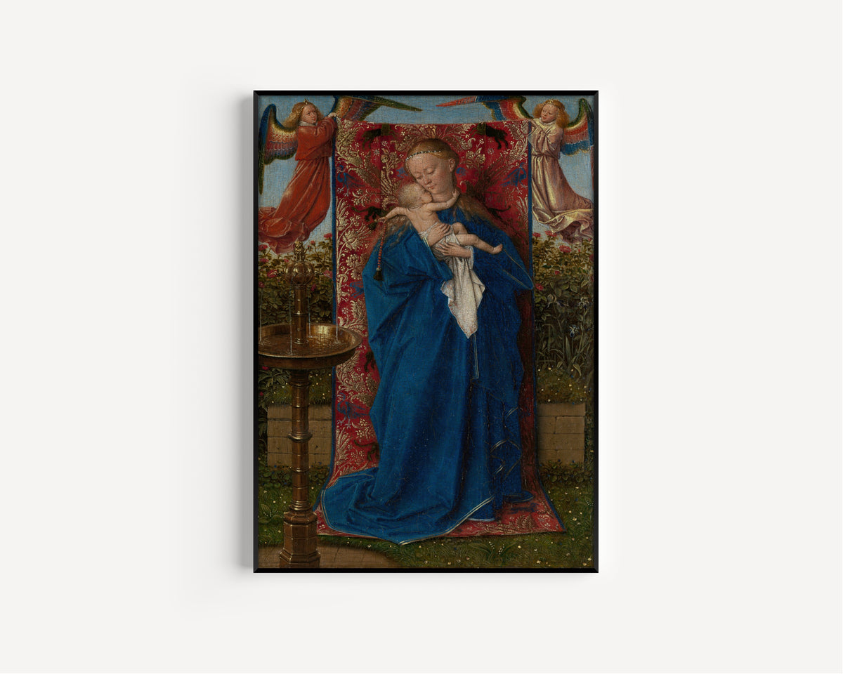 Framed art print of Madonna at the Fountain by Jan van Eyck, in a slim black frame on a plain white wall