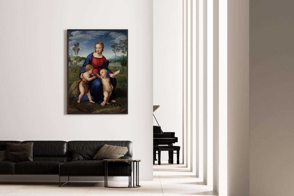 Framed art print of Madonna del Cardellino by Raphael, on the wall of a minimal living room