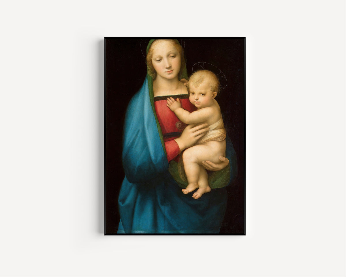 Framed art print of Madonna del Granduca by Raphael, in a slim black frame on a plain white wall