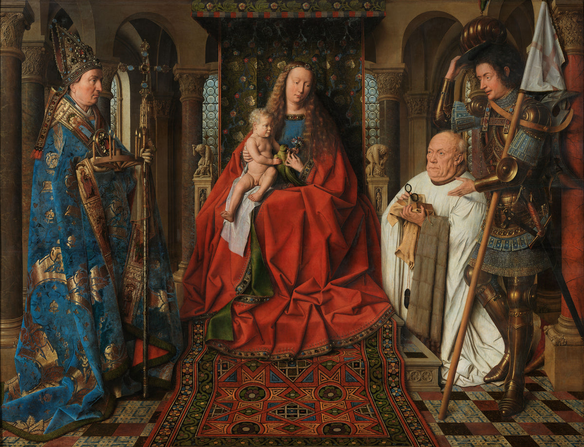 Madonna with Canon Joris van der Paele by Jan van Eyck — A kneeling canon is presented to the Virgin by two saints