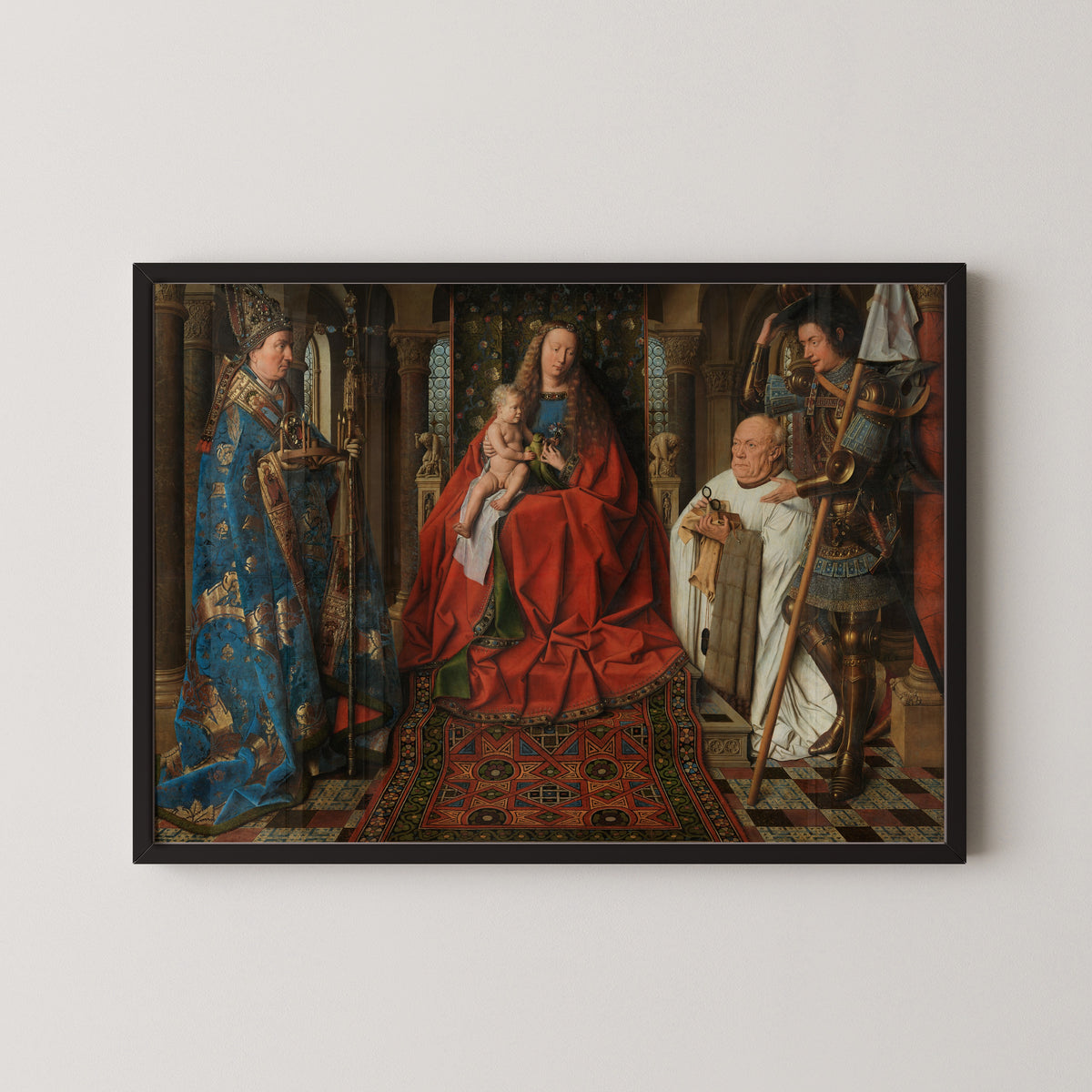 Framed art print of Madonna with Canon Joris van der Paele by Jan van Eyck, in a black frame on a pale wall