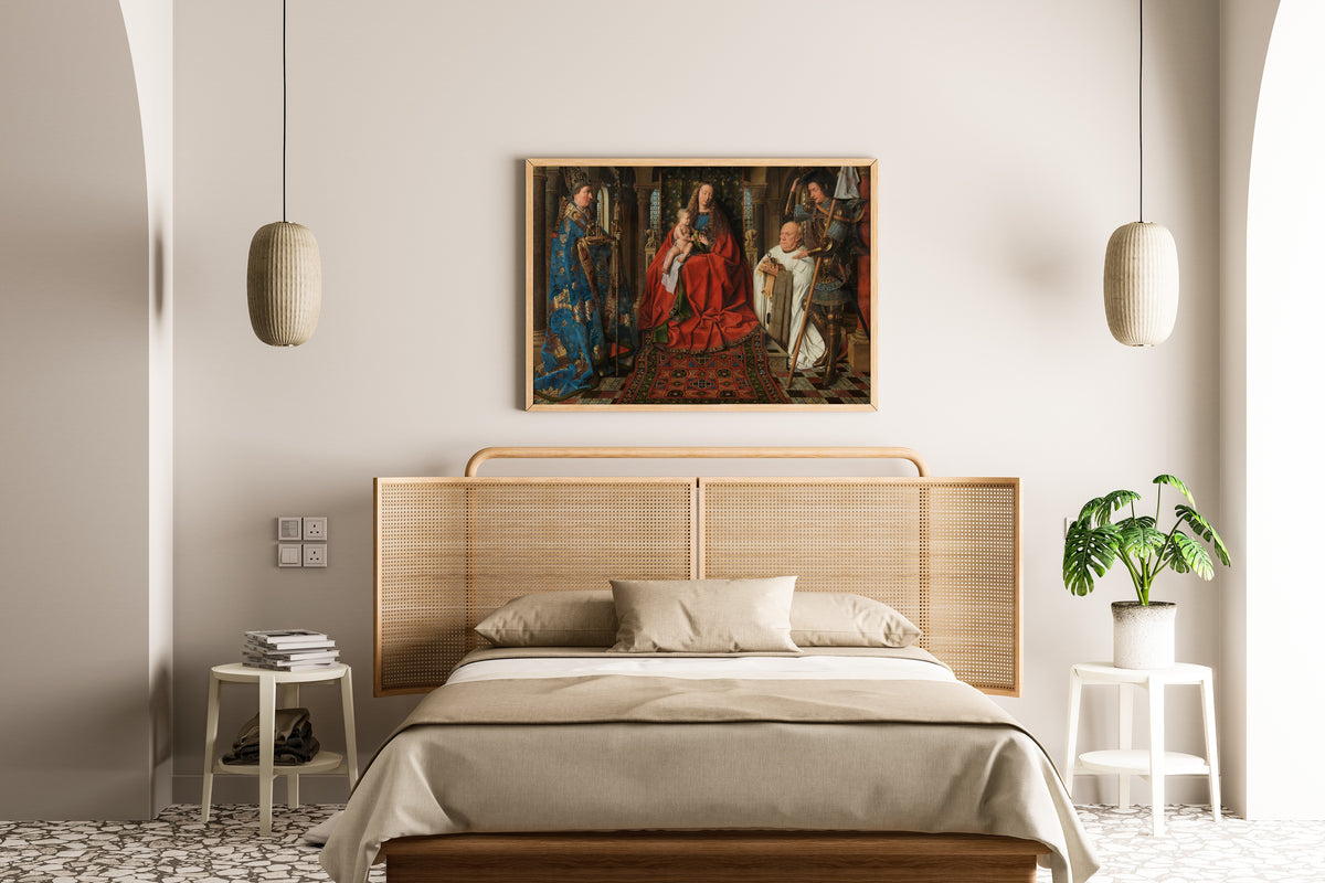 Framed art print of Madonna with Canon Joris van der Paele by Jan van Eyck, above a cane-headboard bed