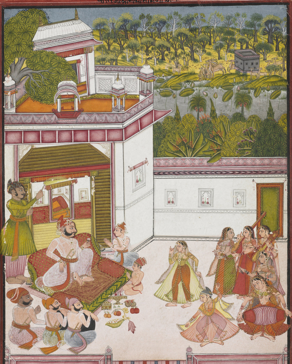 Maharaja of Kotah Listening to Music and Watching Dancers by Kota school — A maharaja watches dancers and musicians in a courtyard