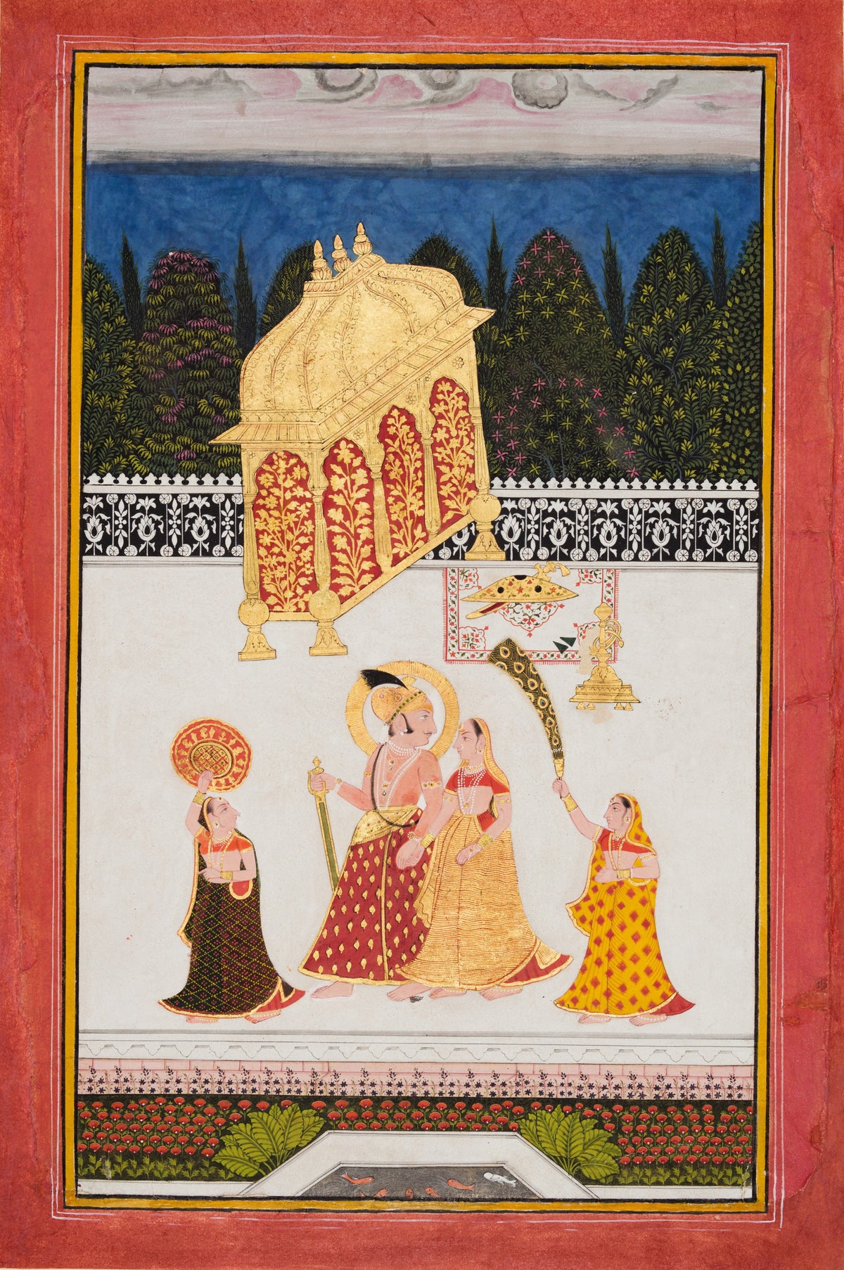 Maharana Ari Singh II of Mewar (r. 1761–73) with His Consort on a Terrace by Mewar school — A ruler and his consort walk a white terrace under a gold canopy