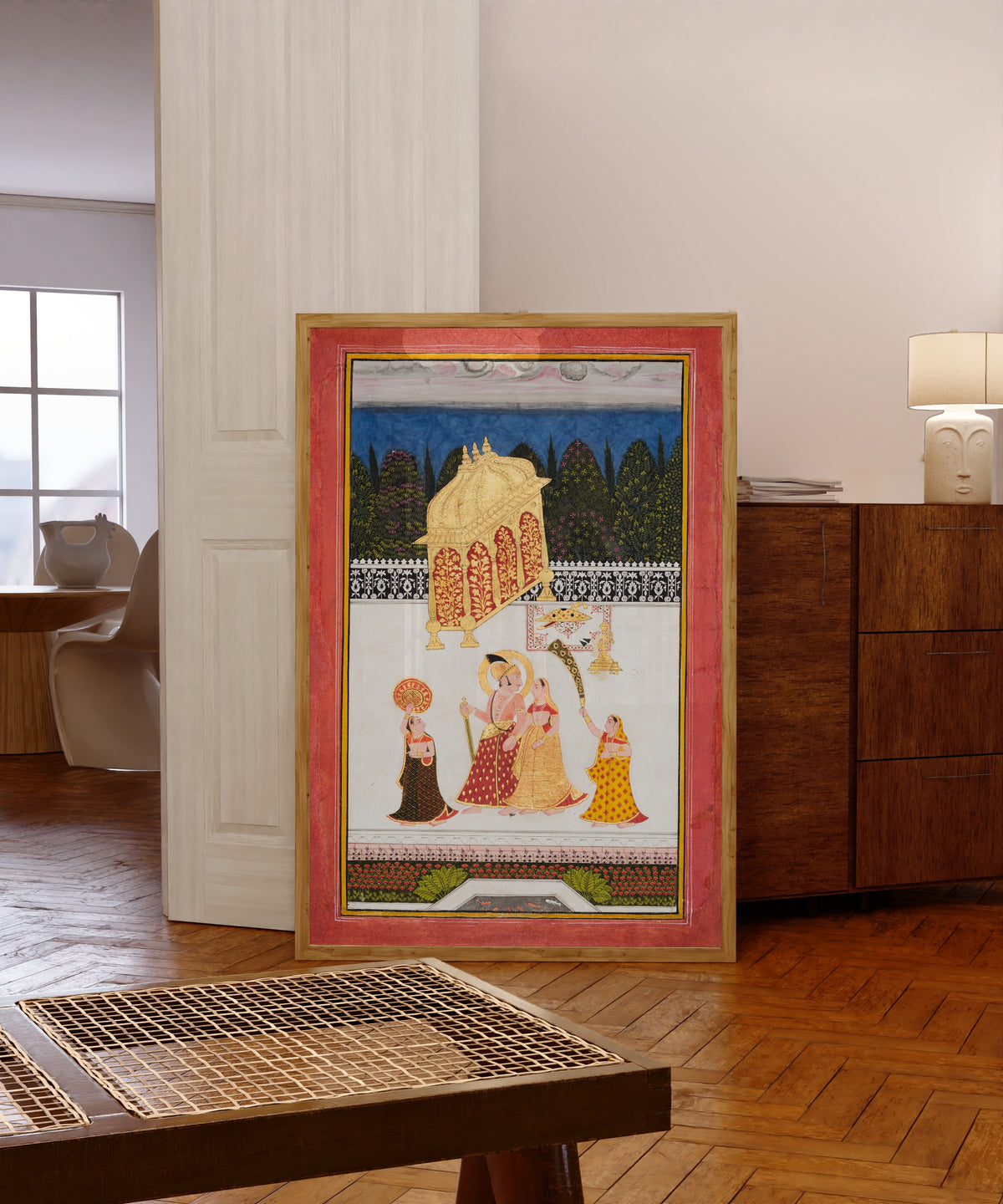 Framed art print of Maharana Ari Singh II of Mewar (r. 1761–73) with His… by Mewar school, in a light wood frame leaning in a warm room with a parquet floor