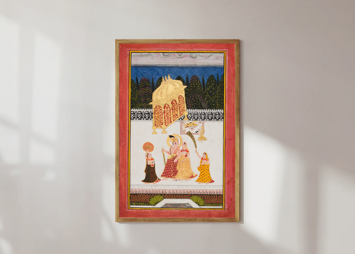 Framed art print of Maharana Ari Singh II of Mewar (r. 1761–73) with His Consort on a Terrace by Mewar school, in a light wood frame on a sunlit white wall