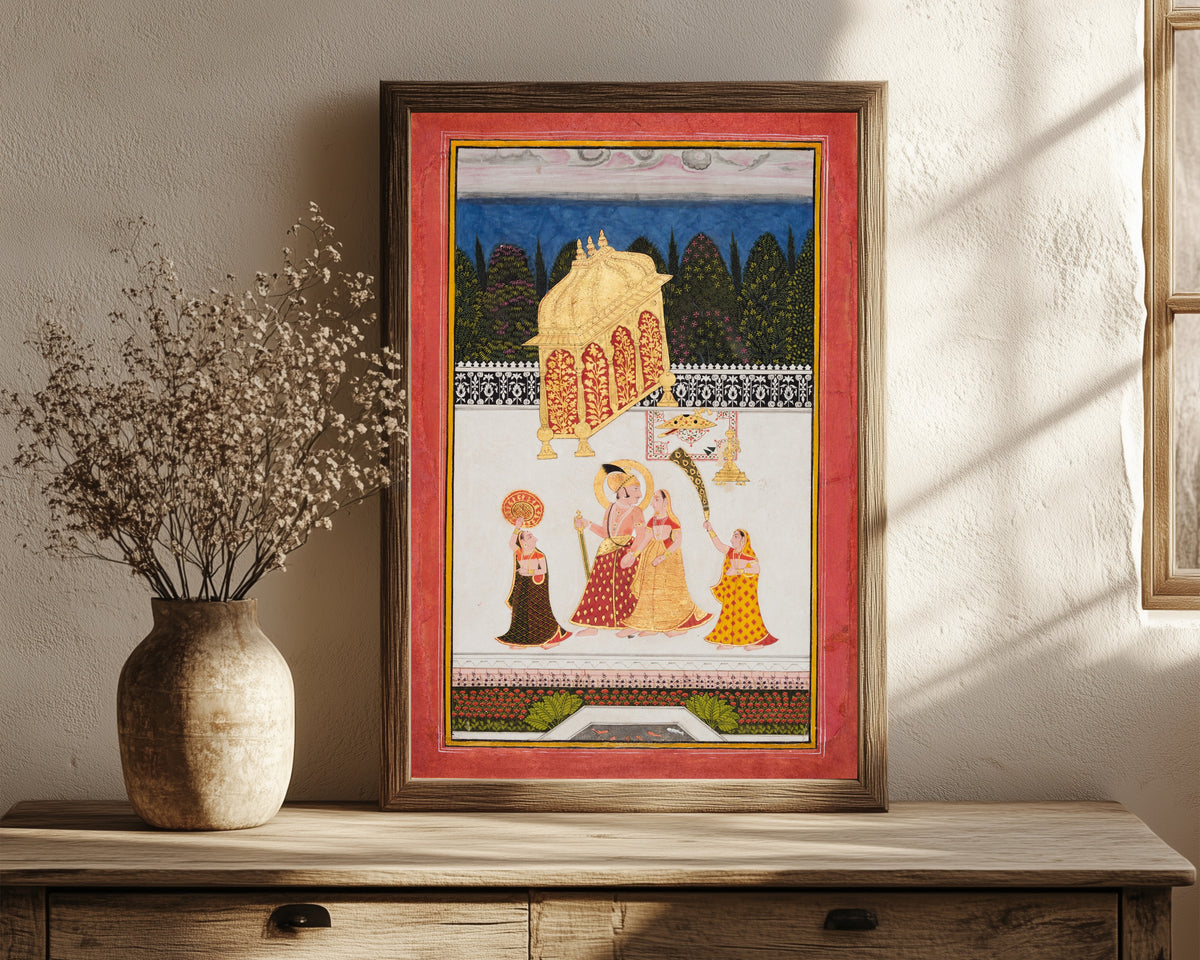 Framed art print of Maharana Ari Singh II of Mewar (r. 1761–73) with… by Mewar school, in a dark wood frame leaning on a rustic console beside dried flowers