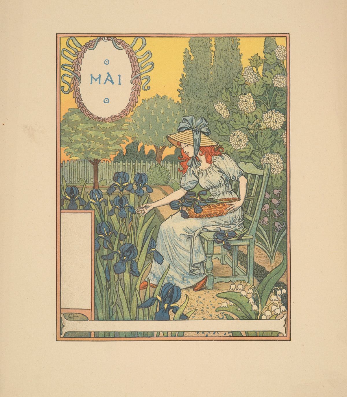 Mai by Eugène Grasset — A girl in a straw bonnet gathers irises in a May garden