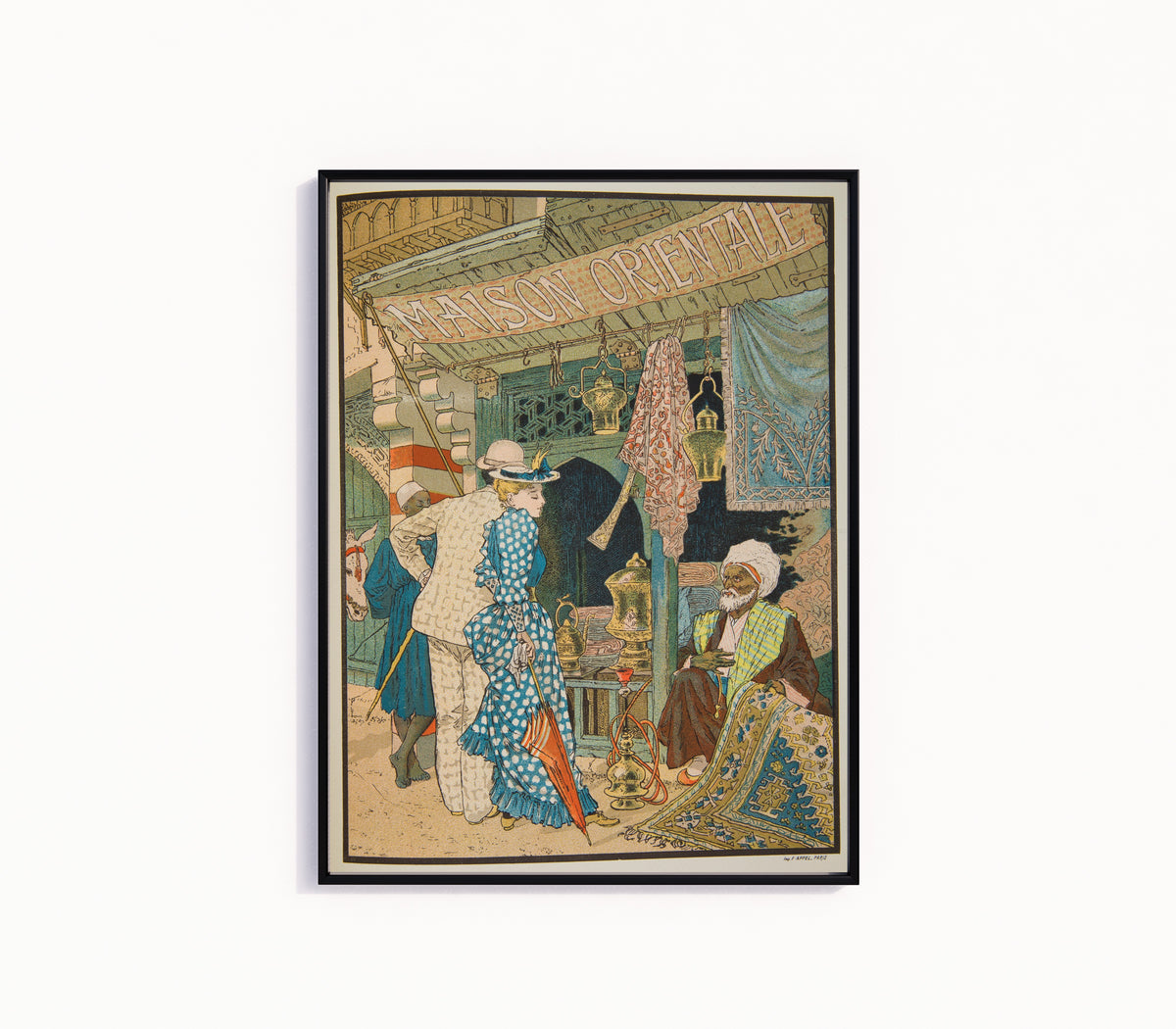 Framed art print of Maison Orientale by Eugène Grasset, in a slim black frame on a plain white wall