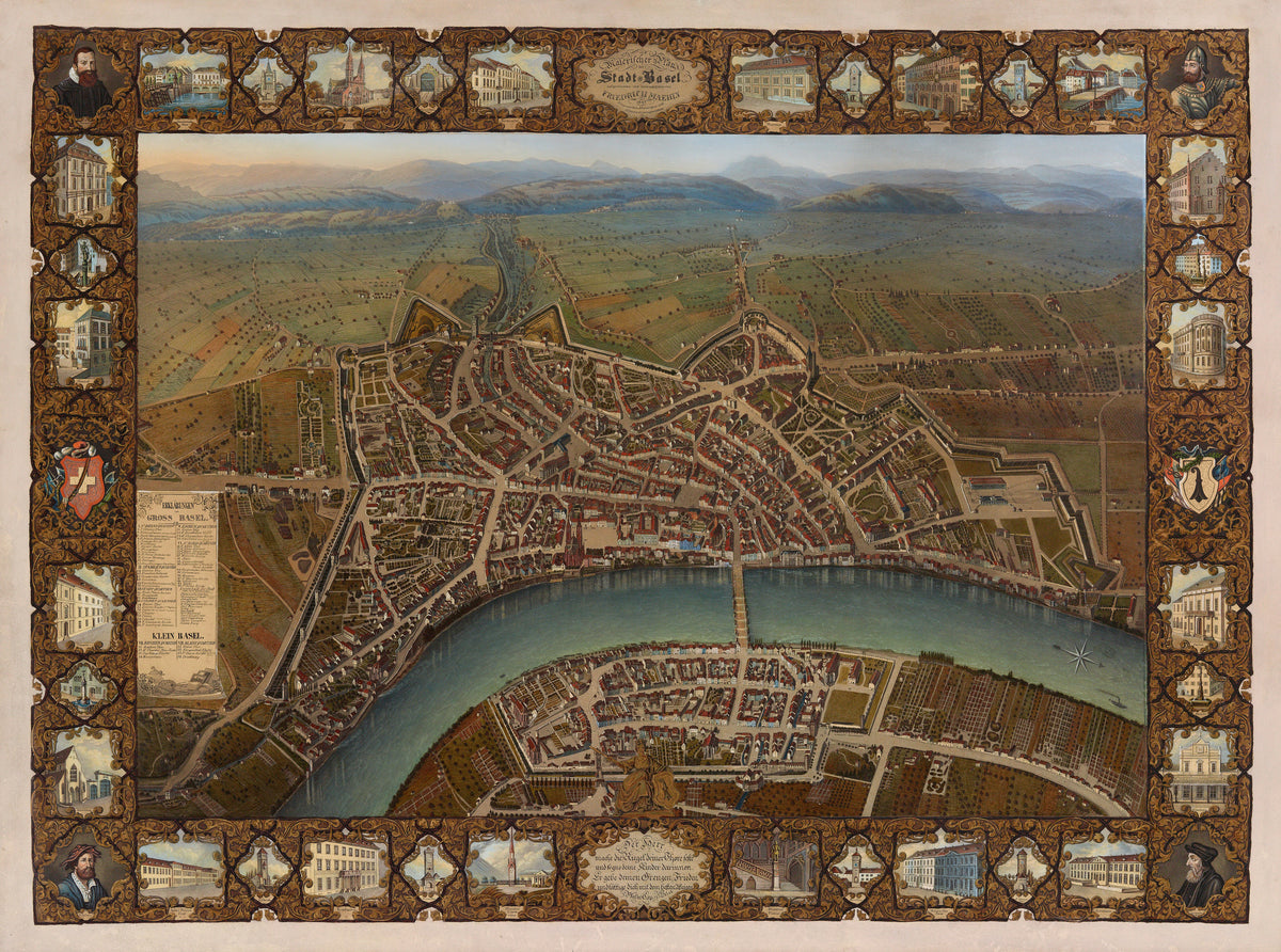 Johann Friedrich Maehly — Malerischer Plan der Stadt Basel | Antique City Plan Print